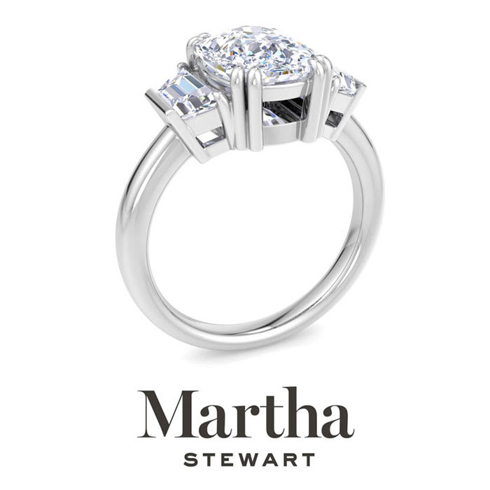 Martha Stewart 5 Carat Cushion Cut and Trapezoid Lab Grown Diamond Three Stone Engagement Ring In 14K White Gold