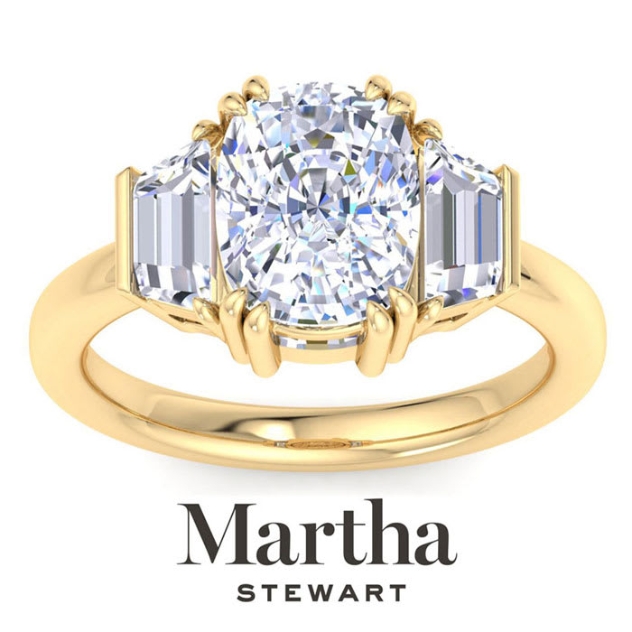 Martha Stewart 5 Carat Cushion Cut and Trapezoid Lab Grown Diamond Three Stone Engagement Ring In 14K Yellow Gold
