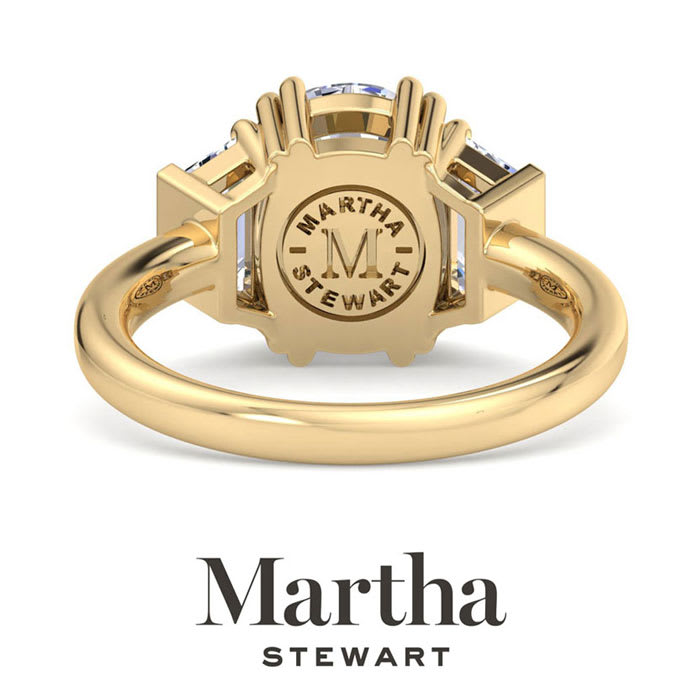 Martha Stewart 5 Carat Cushion Cut and Trapezoid Lab Grown Diamond Three Stone Engagement Ring In 14K Yellow Gold