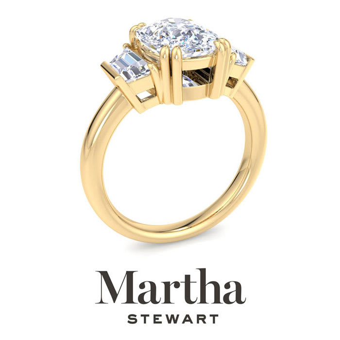 Martha Stewart 5 Carat Cushion Cut and Trapezoid Lab Grown Diamond Three Stone Engagement Ring In 14K Yellow Gold
