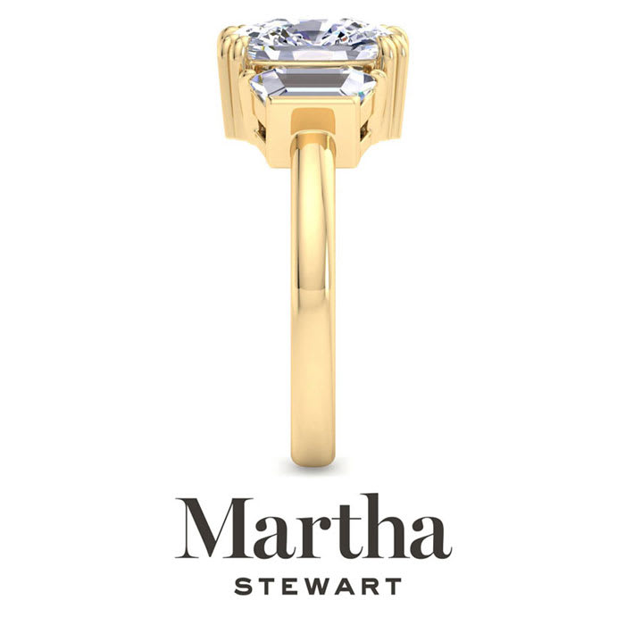 Martha Stewart 5 Carat Cushion Cut and Trapezoid Lab Grown Diamond Three Stone Engagement Ring In 14K Yellow Gold