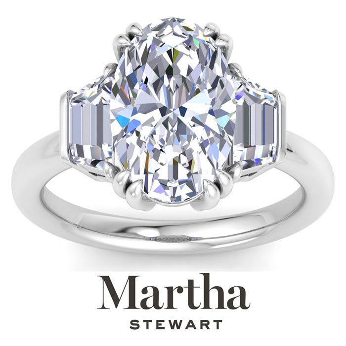 Martha Stewart 5 Carat Oval Shape and Trapezoid Lab Grown Diamond Three Stone Engagement Ring In 14K White Gold