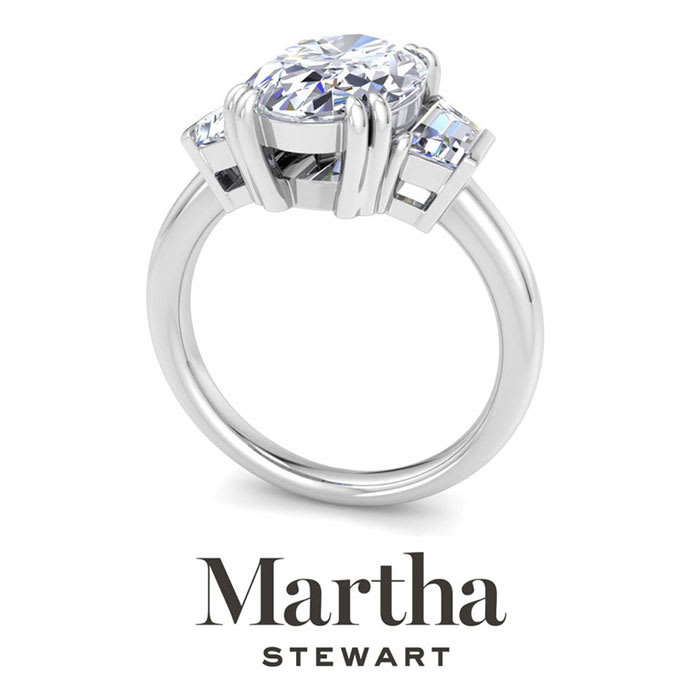Martha Stewart 5 Carat Oval Shape and Trapezoid Lab Grown Diamond Three Stone Engagement Ring In 14K White Gold
