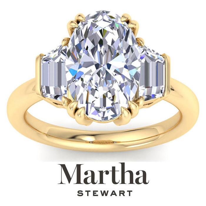 Martha Stewart 5 Carat Oval Shape and Trapezoid Lab Grown Diamond Three Stone Engagement Ring In 14K Yellow Gold
