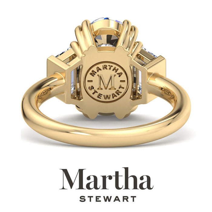 Martha Stewart 5 Carat Oval Shape and Trapezoid Lab Grown Diamond Three Stone Engagement Ring In 14K Yellow Gold
