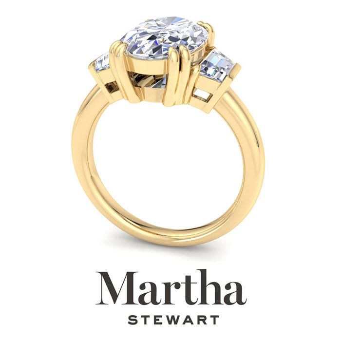 Martha Stewart 5 Carat Oval Shape and Trapezoid Lab Grown Diamond Three Stone Engagement Ring In 14K Yellow Gold