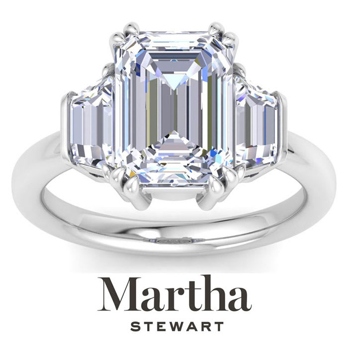 Martha Stewart 5 Carat Emerald Cut and Trapezoid Lab Grown Diamond Three Stone Engagement Ring In 14K White Gold