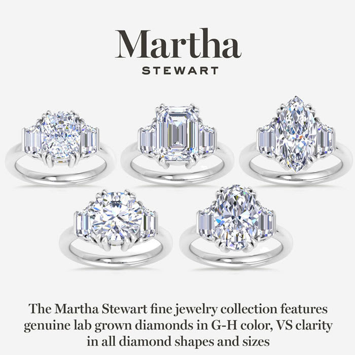Martha Stewart 5 Carat Emerald Cut and Trapezoid Lab Grown Diamond Three Stone Engagement Ring In 14K White Gold