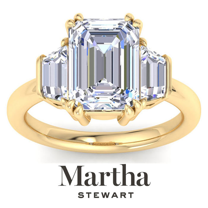 Martha Stewart 5 Carat Emerald Cut and Trapezoid Lab Grown Diamond Three Stone Engagement Ring In 14K Yellow Gold