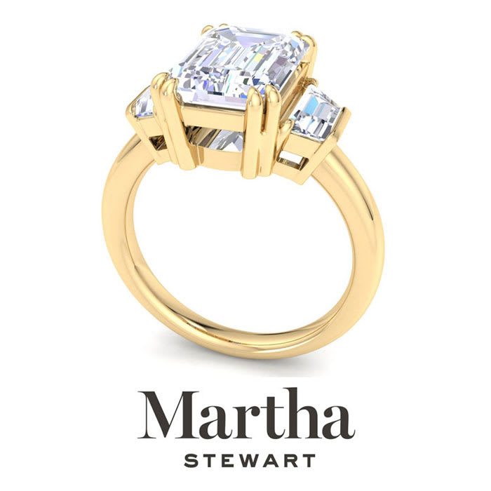 Martha Stewart 5 Carat Emerald Cut and Trapezoid Lab Grown Diamond Three Stone Engagement Ring In 14K Yellow Gold