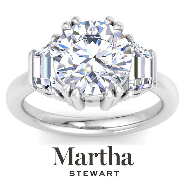 Martha Stewart 5 Carat Round and Trapezoid Lab Grown Diamond Three Stone Engagement Ring In 14K White Gold