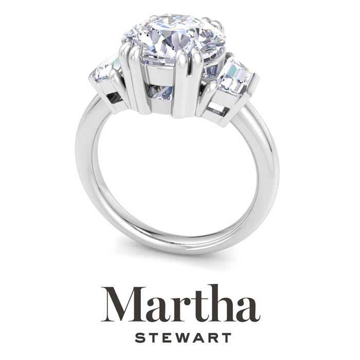 Martha Stewart 5 Carat Round and Trapezoid Lab Grown Diamond Three Stone Engagement Ring In 14K White Gold
