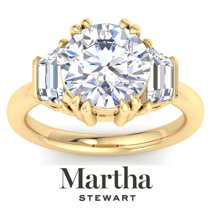 Martha Stewart 5 Carat Round and Trapezoid Lab Grown Diamond Three Stone Engagement Ring In 14K Yellow Gold