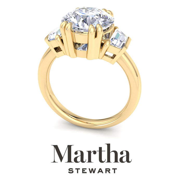 Martha Stewart 5 Carat Round and Trapezoid Lab Grown Diamond Three Stone Engagement Ring In 14K Yellow Gold