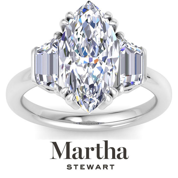 Martha Stewart 5 Carat Marquise Shape and Trapezoid Lab Grown Diamond Three Stone Engagement Ring In 14K White Gold