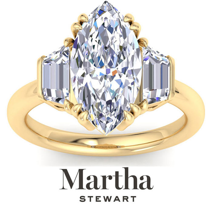Martha Stewart 5 Carat Marquise Shape and Trapezoid Lab Grown Diamond Three Stone Engagement Ring In 14K Yellow Gold