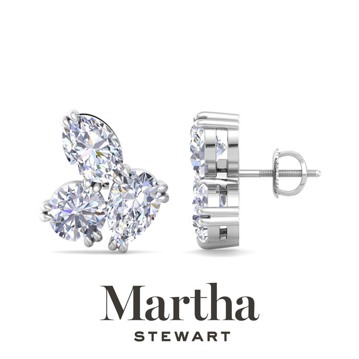 Martha Stewart 3 Carat Lab Grown Diamond Cluster Stud Earrings In 14 Karat White Gold, Pear-Round-Oval