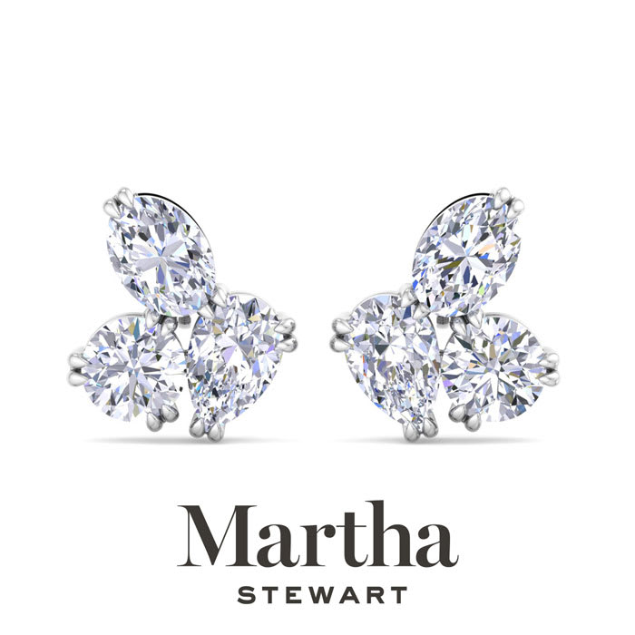 Martha Stewart 3 Carat Lab Grown Diamond Cluster Stud Earrings In 14 Karat White Gold, Pear-Round-Oval