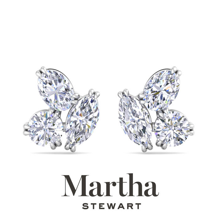 Martha Stewart 3 Carat Lab Grown Diamond Cluster Stud Earrings In 14 Karat White Gold, Marquise-Round-Oval