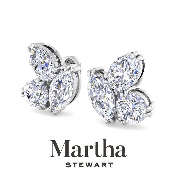 Martha Stewart 3 Carat Lab Grown Diamond Cluster Stud Earrings In 14 Karat White Gold, Marquise-Round-Oval