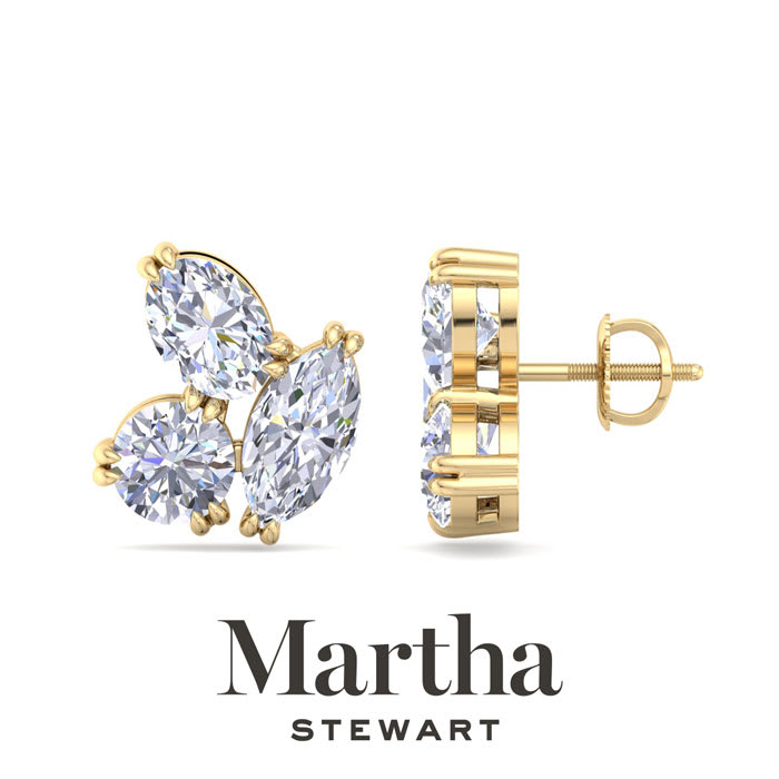 Martha Stewart 3 Carat Lab Grown Diamond Cluster Stud Earrings In 14 Karat Yellow Gold, Marquise-Round-Oval