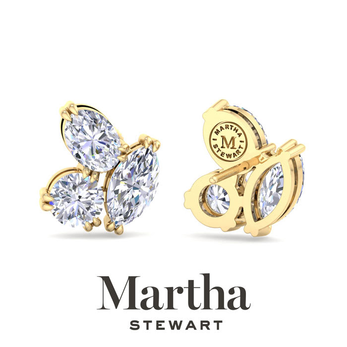 Martha Stewart 3 Carat Lab Grown Diamond Cluster Stud Earrings In 14 Karat Yellow Gold, Marquise-Round-Oval