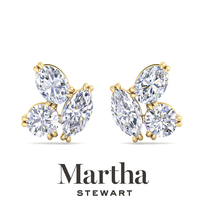 Martha Stewart 3 Carat Lab Grown Diamond Cluster Stud Earrings In 14 Karat Yellow Gold, Marquise-Round-Oval
