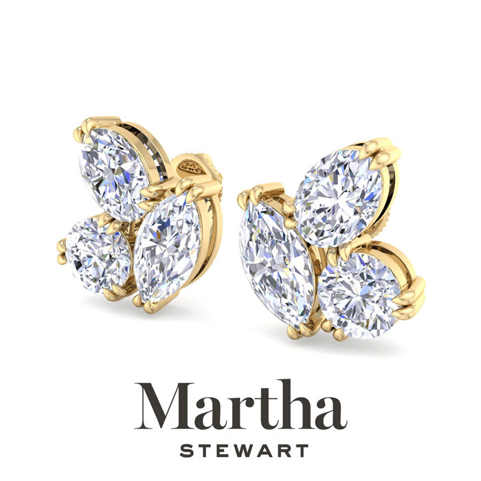 Martha Stewart 3 Carat Lab Grown Diamond Cluster Stud Earrings In 14 Karat Yellow Gold, Marquise-Round-Oval