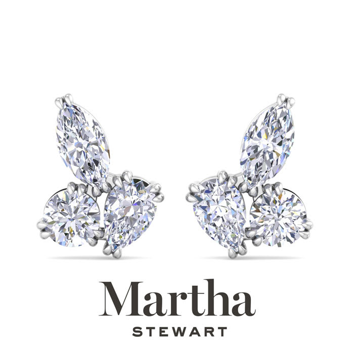 Martha Stewart 3 Carat Lab Grown Diamond Cluster Stud Earrings In 14 Karat White Gold, Marquise-Round-Pear