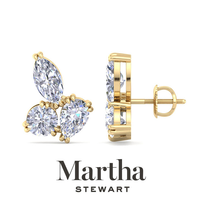 Martha Stewart 3 Carat Lab Grown Diamond Cluster Stud Earrings In 14 Karat Yellow Gold, Marquise-Round-Pear