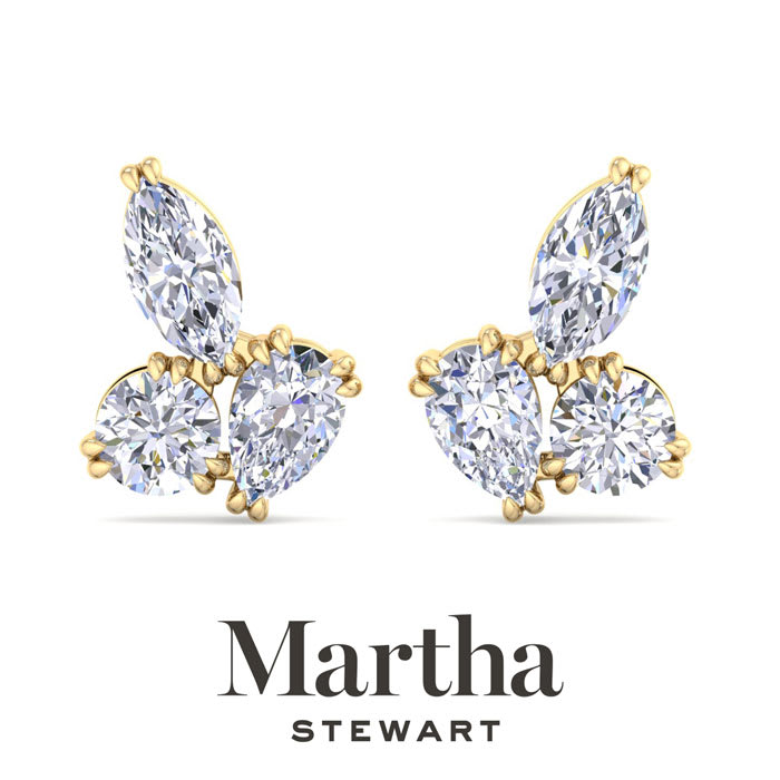 Martha Stewart 3 Carat Lab Grown Diamond Cluster Stud Earrings In 14 Karat Yellow Gold, Marquise-Round-Pear