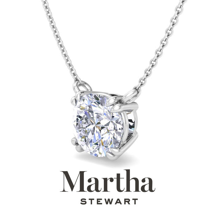 Martha Stewart 3 Carat Round Shape Lab Grown Diamond Solitaire Necklace In 14K White Gold
