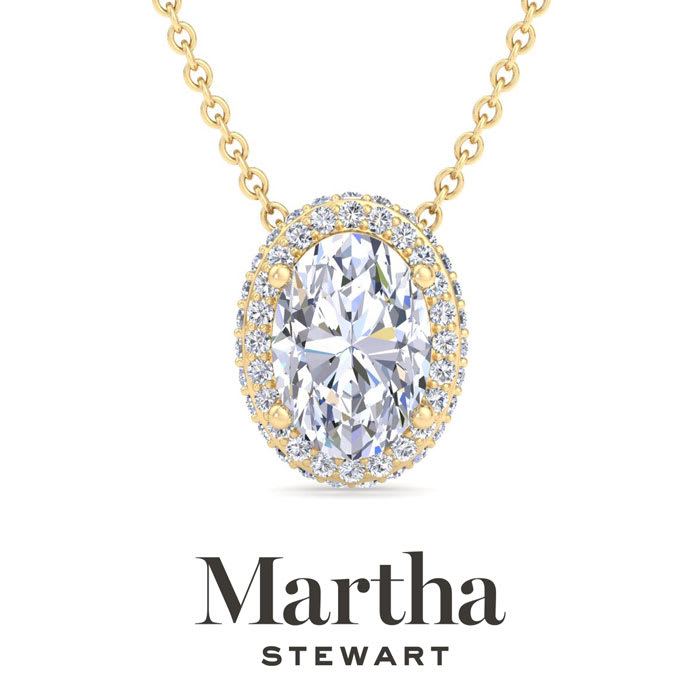 Martha Stewart 2 1/4 Carat Oval Shape Lab Grown Diamond Halo Necklace In 14K Yellow Gold