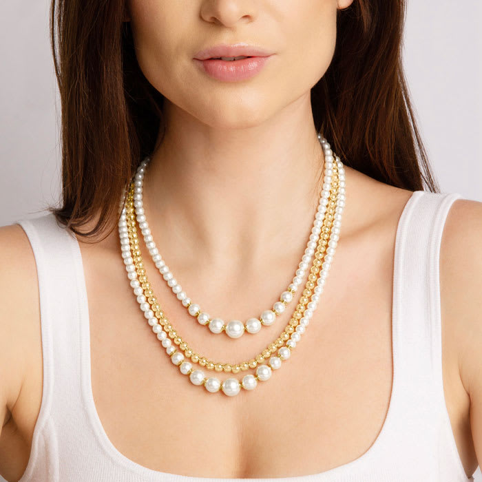 Martha Stewart Traditional Three Strand Pearl and Ball Necklace In Gold