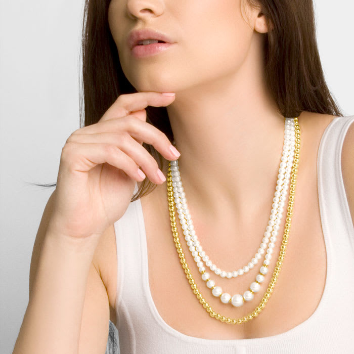 Martha Stewart Three Strand Pearl and Ball Necklace In Gold