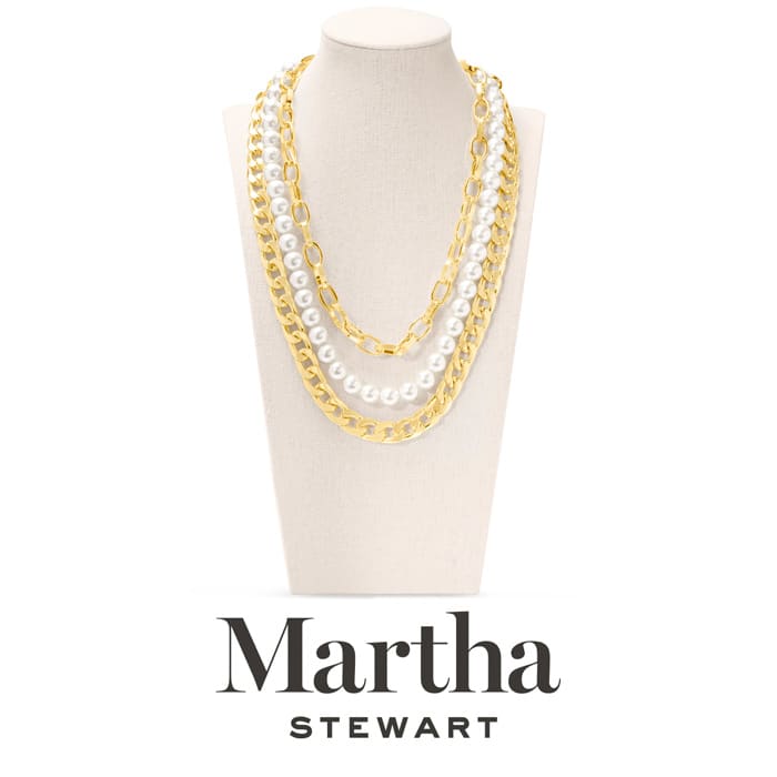 Martha Stewart Three Strand Pearl and Chain Necklace In Gold