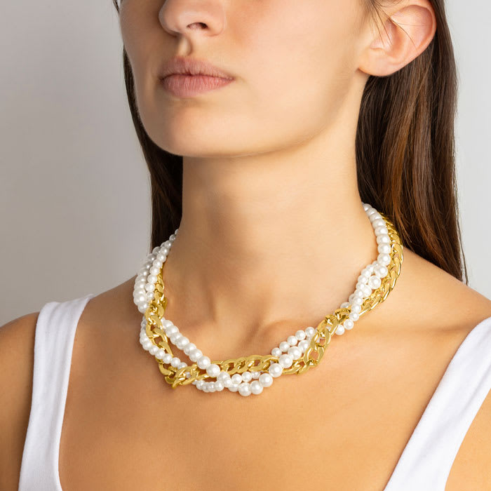Martha Stewart Three Twisted Strand Pearl and Chain Necklace In Gold, Long