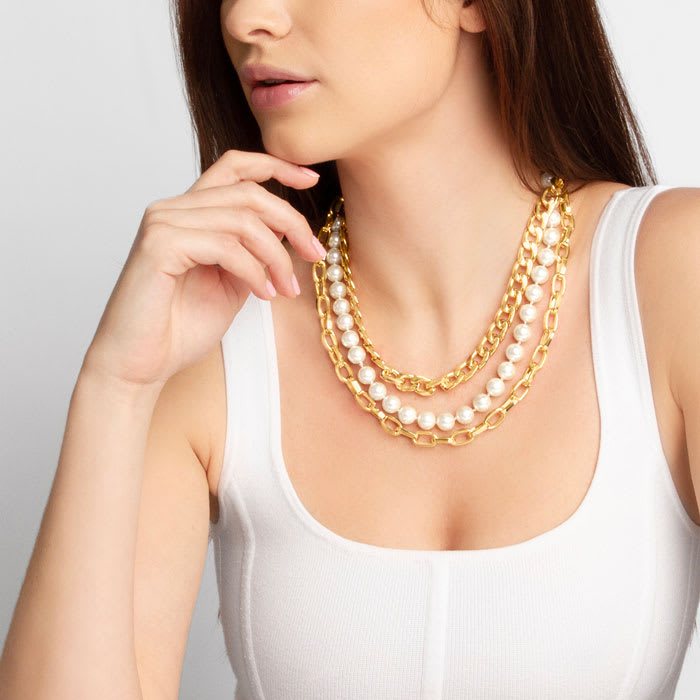 Martha Stewart Three Strand Pearl and Chain Necklace In Gold