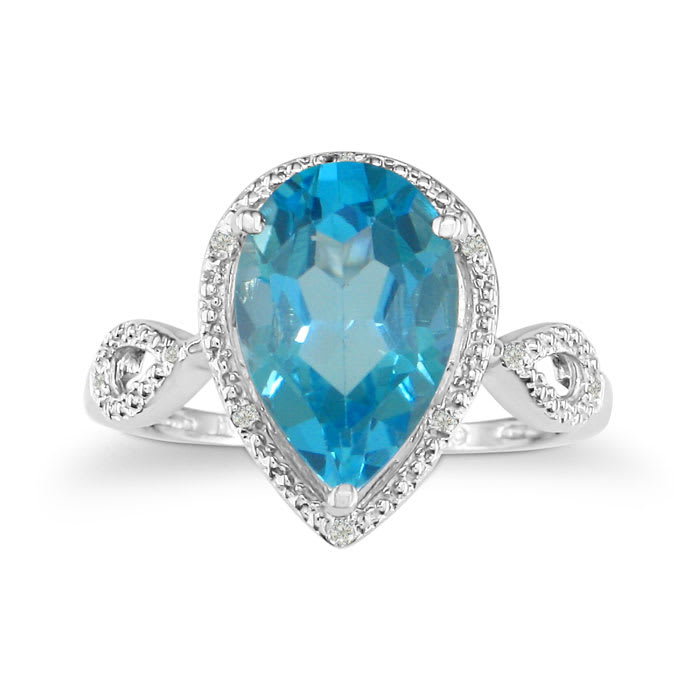 3 1/2ct Pear Shaped Blue Topaz and Diamond Ring in 10k White Gold