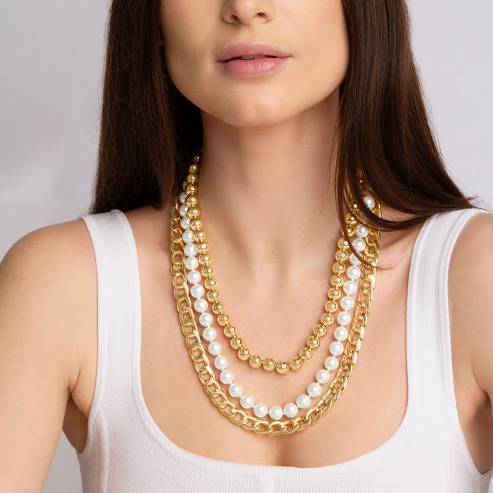 Martha Stewart Three Strand Pearl, Gold Ball and Chain Necklace In Gold, 18 Inches