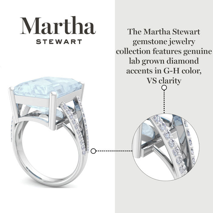 Martha Stewart 10 1/4 Carat Emerald Cut Aquamarine and Lab Grown Diamond Ring In Sterling Silver
