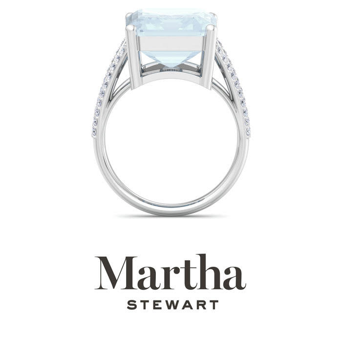 Martha Stewart 10 1/4 Carat Emerald Cut Aquamarine and Lab Grown Diamond Ring In Sterling Silver