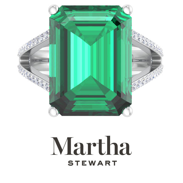 Martha Stewart 10 1/4 Carat Emerald Cut Emerald and Lab Grown Diamond Ring In Sterling Silver