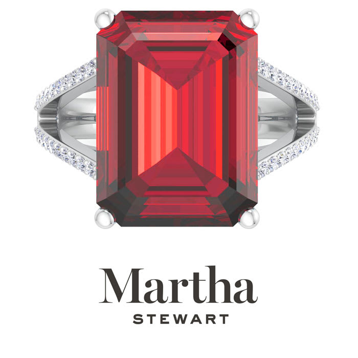 Martha Stewart 10 1/4 Carat Emerald Cut Ruby and Lab Grown Diamond Ring In Sterling Silver