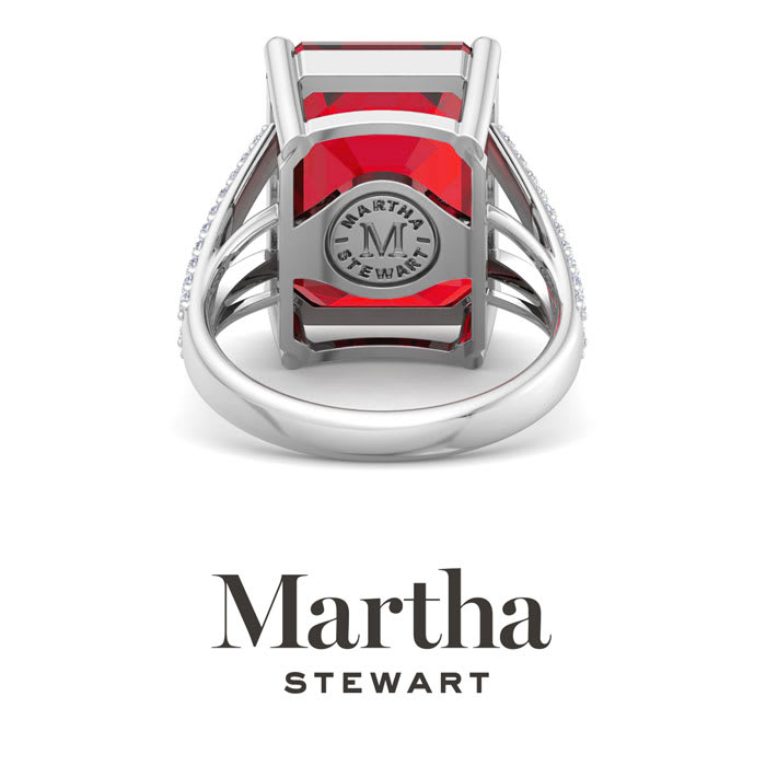 Martha Stewart 10 1/4 Carat Emerald Cut Ruby and Lab Grown Diamond Ring In Sterling Silver