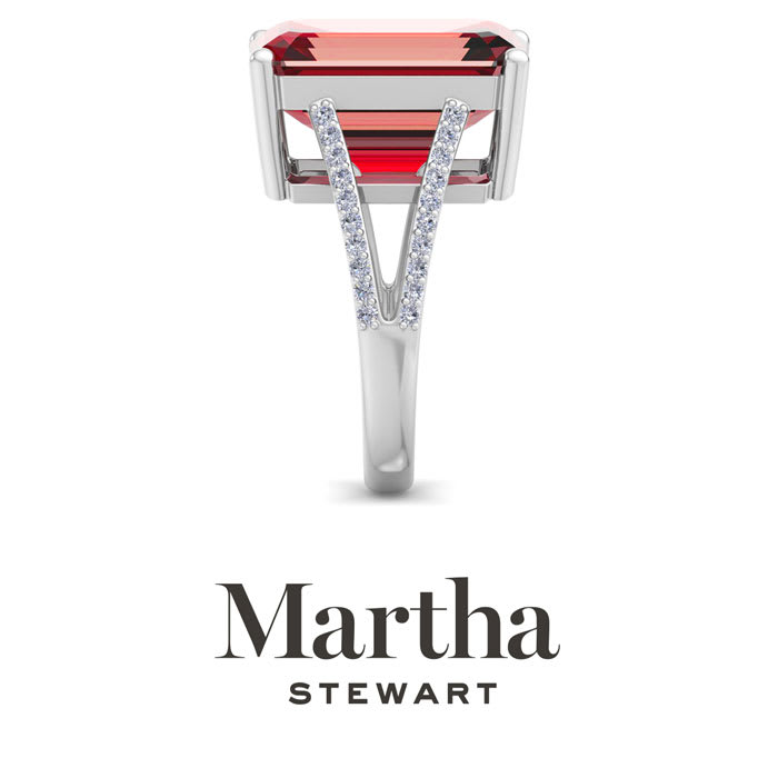 Martha Stewart 10 1/4 Carat Emerald Cut Ruby and Lab Grown Diamond Ring In Sterling Silver
