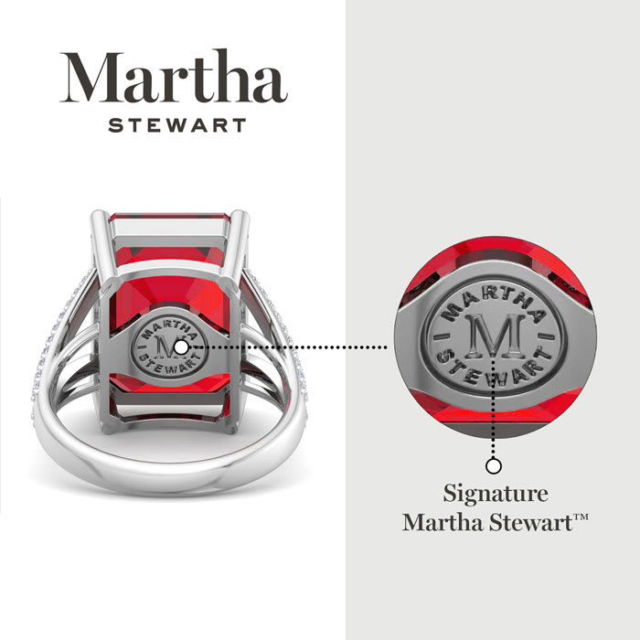Martha Stewart 10 1/4 Carat Emerald Cut Ruby and Lab Grown Diamond Ring In Sterling Silver