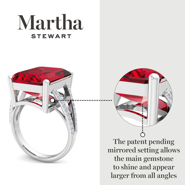 Martha Stewart 10 1/4 Carat Emerald Cut Ruby and Lab Grown Diamond Ring In Sterling Silver