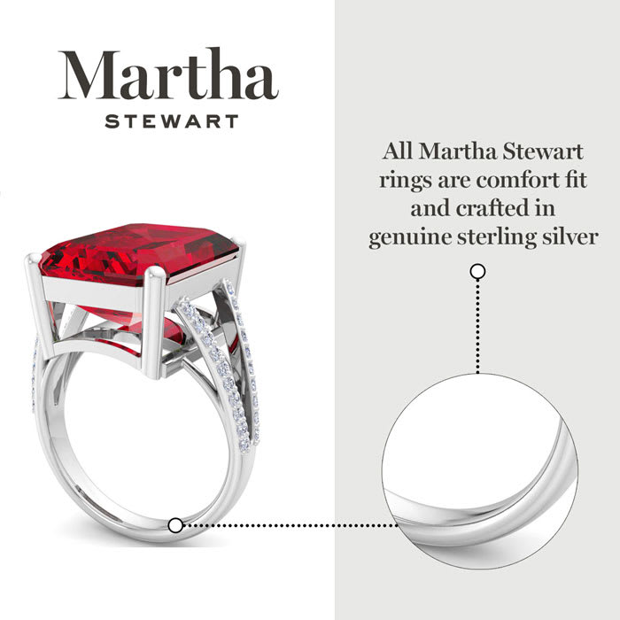 Martha Stewart 10 1/4 Carat Emerald Cut Ruby and Lab Grown Diamond Ring In Sterling Silver