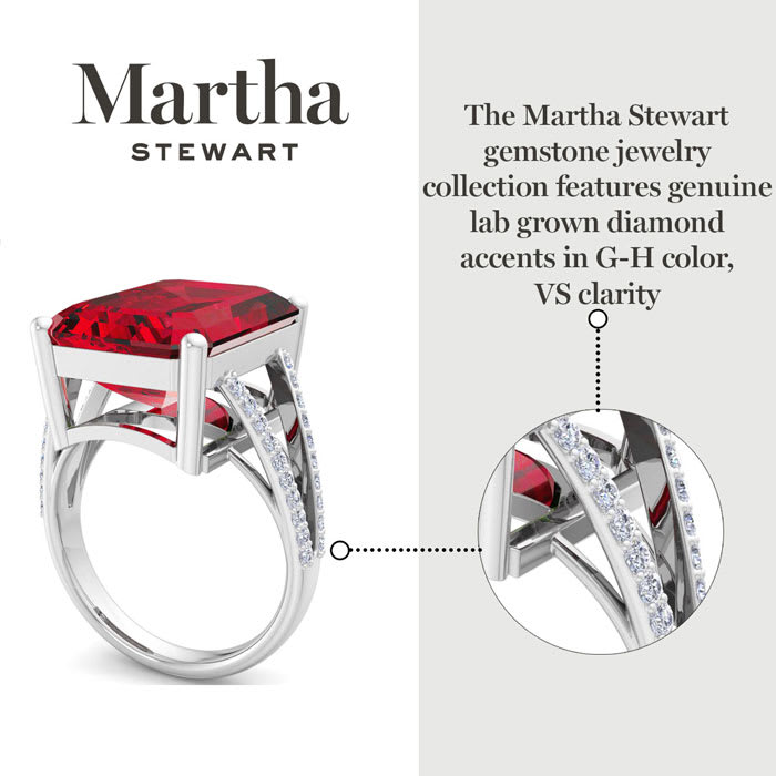 Martha Stewart 10 1/4 Carat Emerald Cut Ruby and Lab Grown Diamond Ring In Sterling Silver